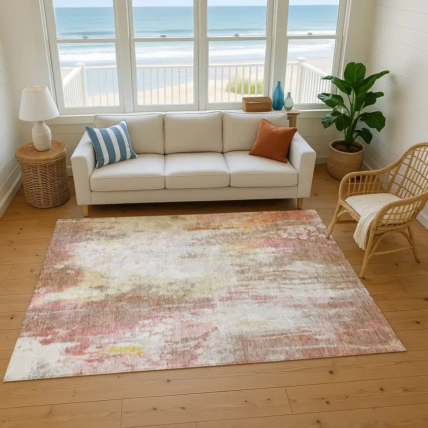 Tan Mauve And Ivory Abstract Washable Area Rug With UV Protection Photo 3