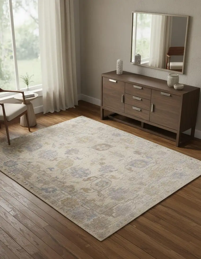 Tan Orange And Blue Floral Hand Knotted Stain Resistant Area Rug Photo 1