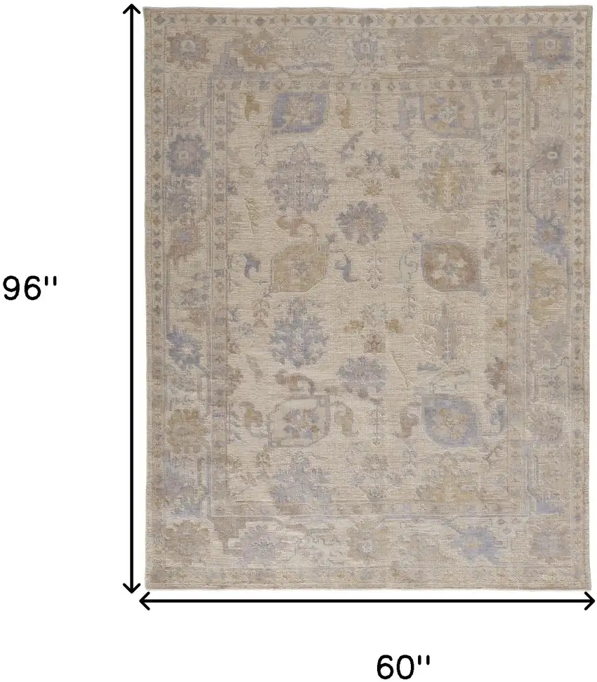 Tan Orange And Blue Floral Hand Knotted Stain Resistant Area Rug Photo 4