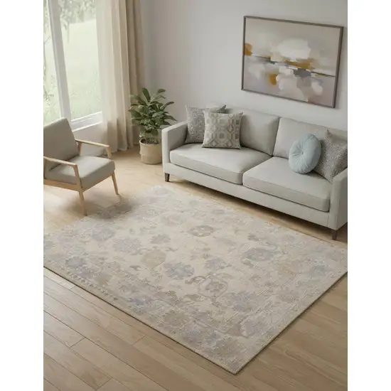 Tan Orange And Blue Floral Hand Knotted Stain Resistant Area Rug Photo 1