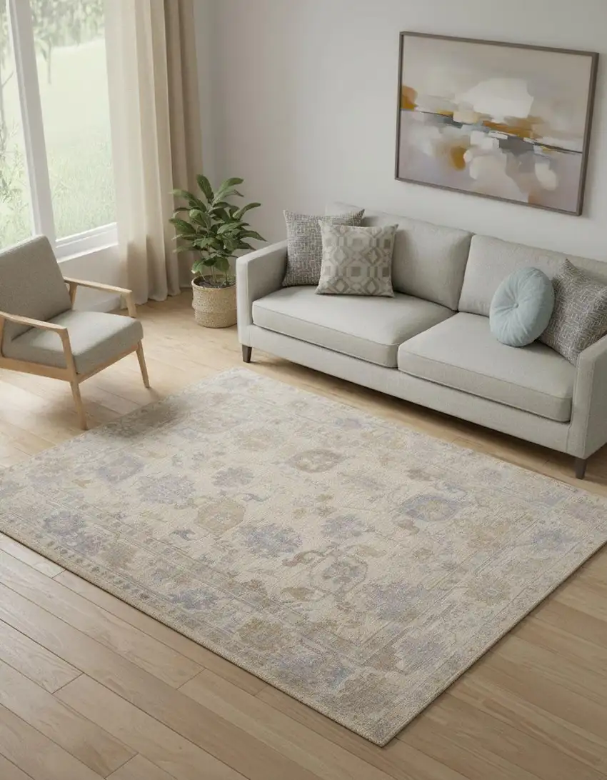 Tan Orange And Blue Floral Hand Knotted Stain Resistant Area Rug Photo 1