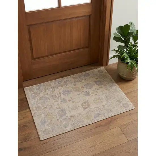 Tan Orange And Blue Floral Hand Knotted Stain Resistant Area Rug Photo 1