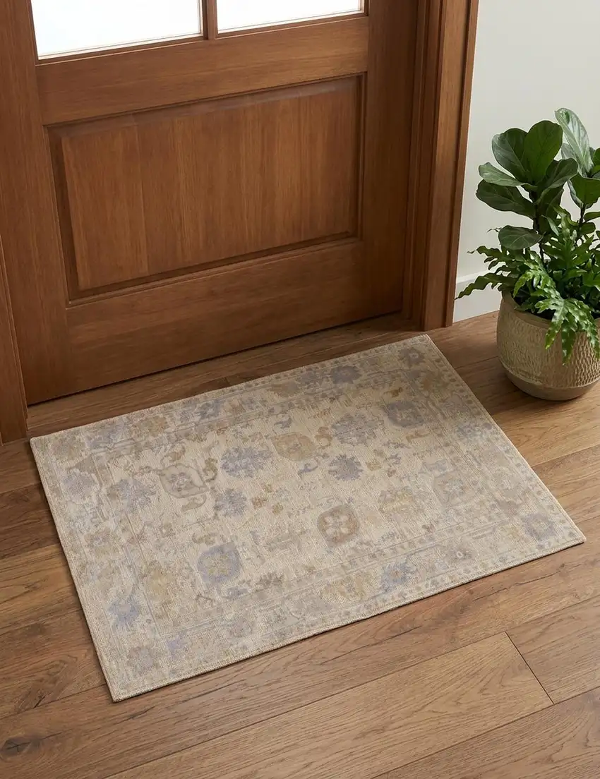 Tan Orange And Blue Floral Hand Knotted Stain Resistant Area Rug Photo 1