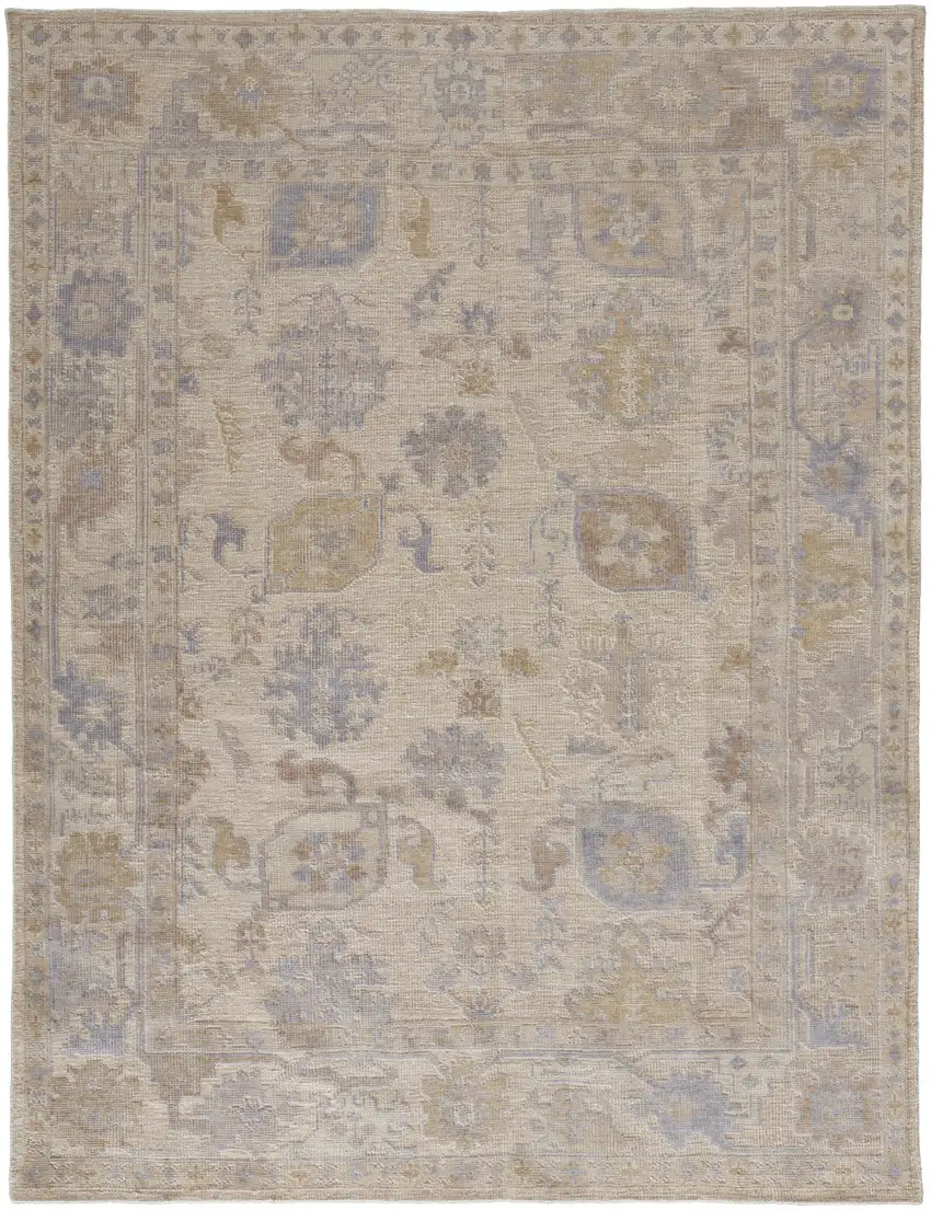 Tan Orange And Blue Floral Hand Knotted Stain Resistant Area Rug Photo 1