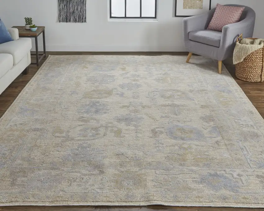 Tan Orange And Blue Floral Hand Knotted Stain Resistant Area Rug Photo 6