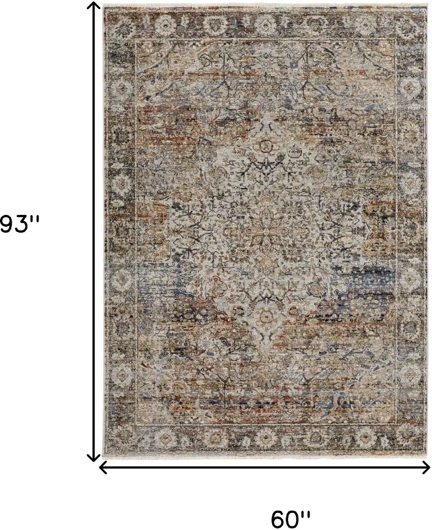 Tan Orange And Blue Floral Power Loom Distressed Area Rug With Fringe Photo 10