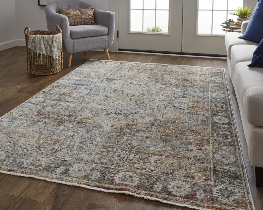 Tan Orange And Blue Floral Power Loom Distressed Area Rug With Fringe Photo 7