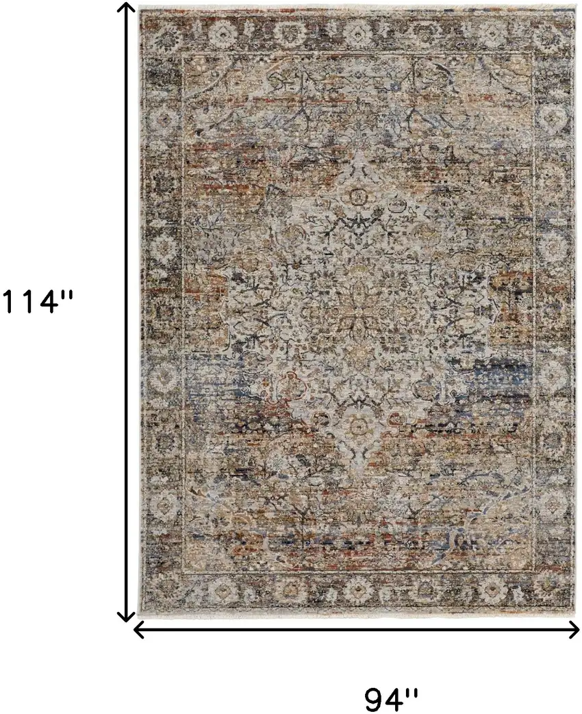 Tan Orange And Blue Floral Power Loom Distressed Area Rug With Fringe Photo 10