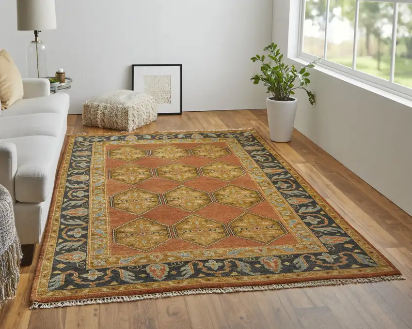 Tan Orange And Brown Wool Floral Hand Knotted Stain Resistant Area Rug Photo 8