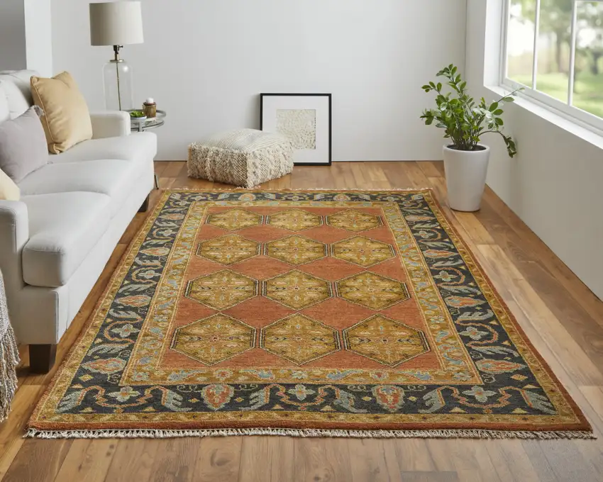 Tan Orange And Brown Wool Floral Hand Knotted Stain Resistant Area Rug Photo 7