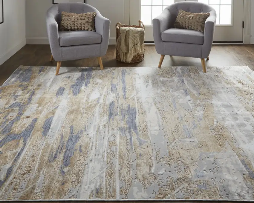 Tan Orange And Ivory Abstract Power Loom Distressed Area Rug Photo 7