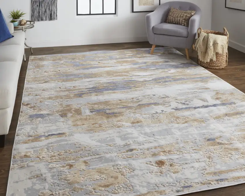 Tan Orange And Ivory Abstract Power Loom Distressed Area Rug Photo 6