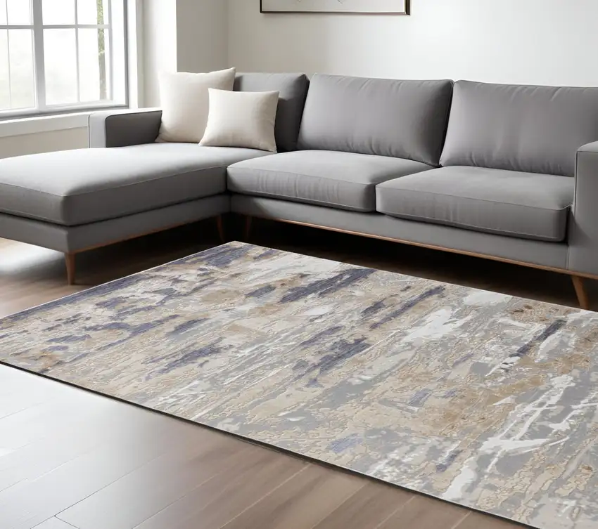 Tan and Ivory Abstract Power Loom Distressed Non Skid Area Rug Photo 1