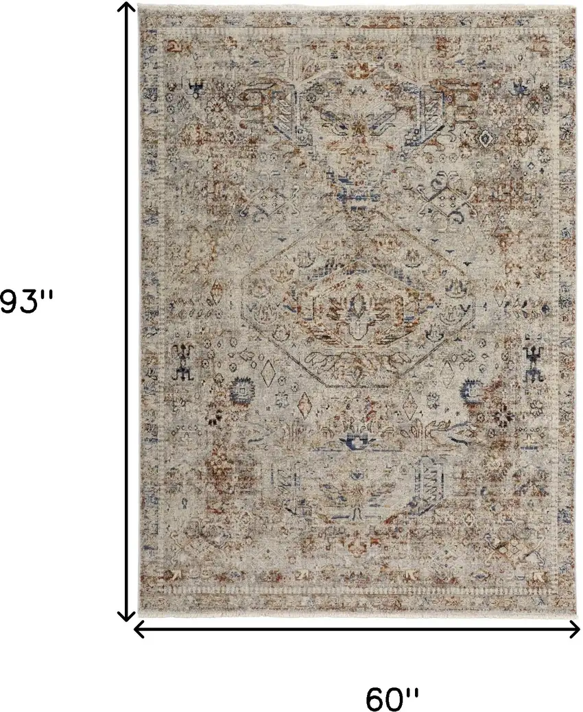 Tan Orange And Red Floral Power Loom Distressed Area Rug With Fringe Photo 9