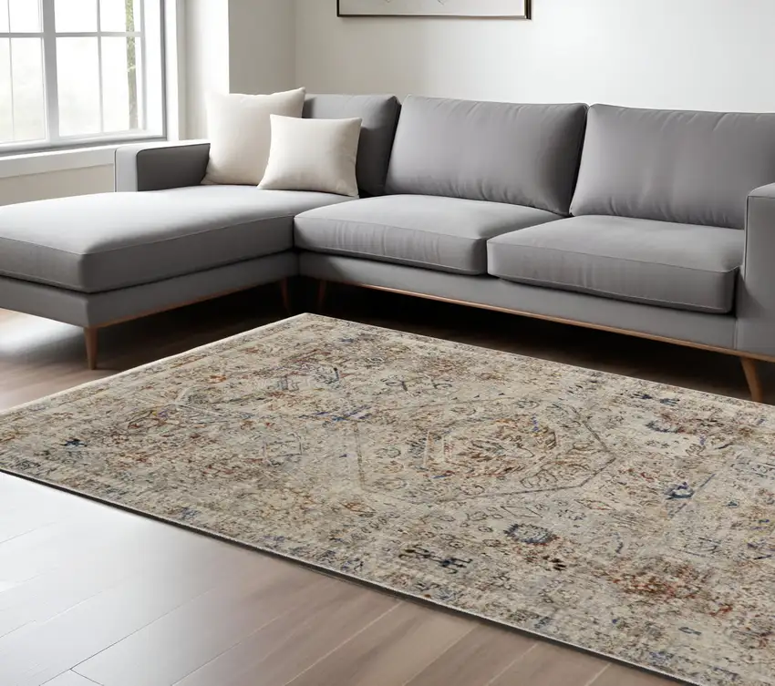 Tan and Red Floral Power Loom Distressed Non Skid Area Rug With Fringe Photo 1