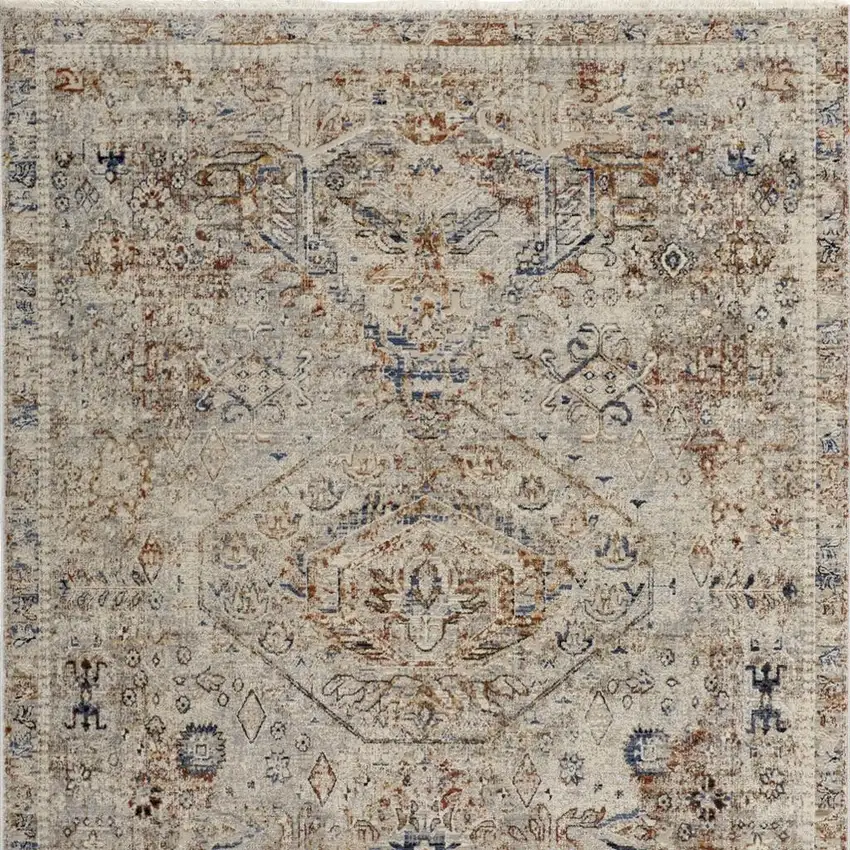 Blue Tan And Red Oriental Distressed Area Rug With Fringe Photo 4