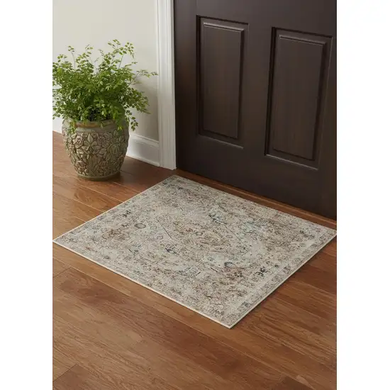 Blue Tan And Red Oriental Distressed Area Rug With Fringe Photo 1