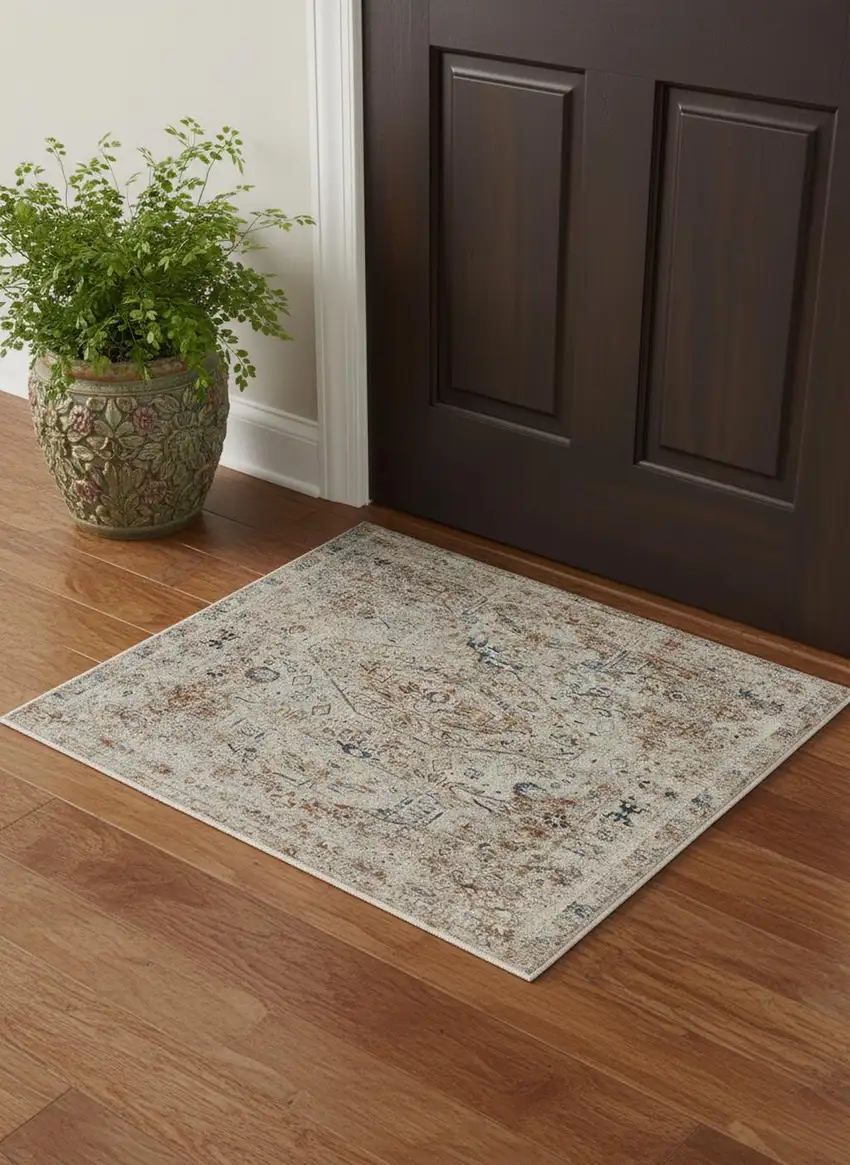 Blue Tan And Red Oriental Distressed Area Rug With Fringe Photo 1
