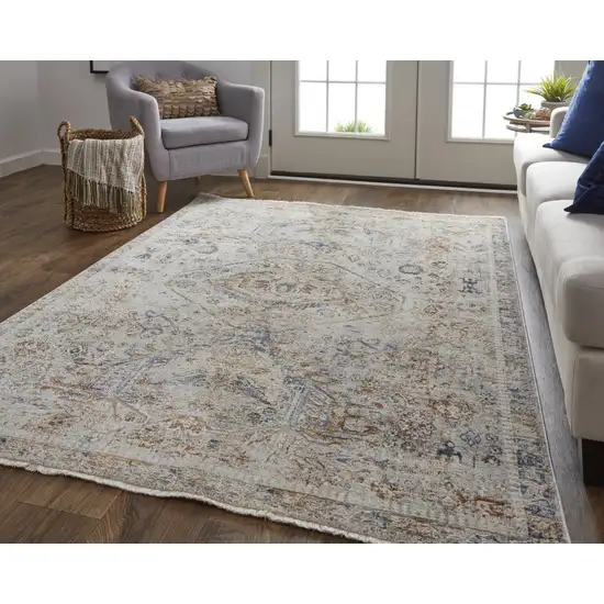 Blue Tan And Red Oriental Distressed Area Rug With Fringe Photo 6