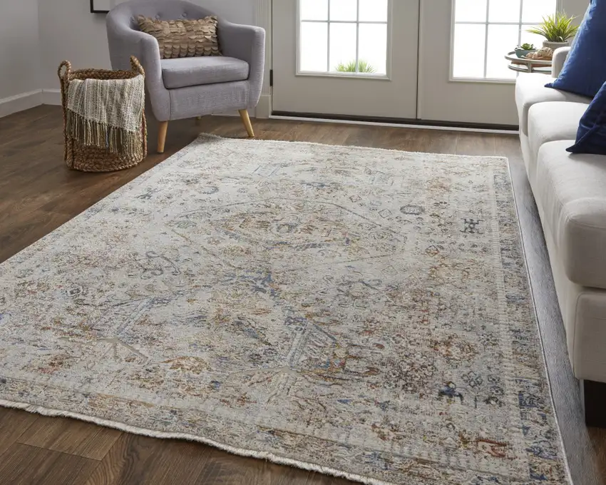 Blue Tan And Red Oriental Distressed Area Rug With Fringe Photo 6