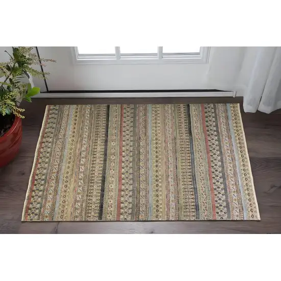Tan Orange and Blue Striped Hand Knotted Area Rug Photo 1