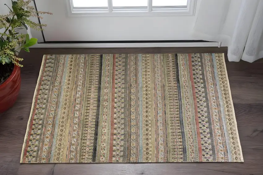 Tan Orange and Blue Striped Hand Knotted Area Rug Photo 1