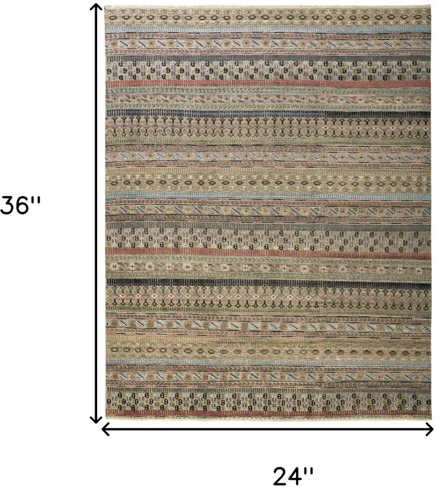 Tan Orange and Blue Striped Hand Knotted Area Rug Photo 3