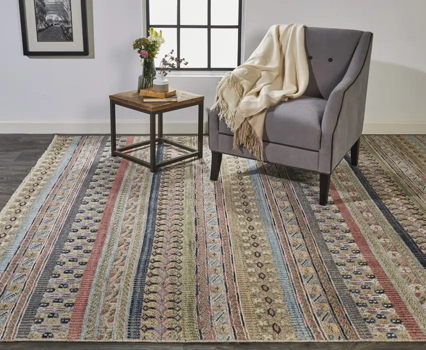 Tan Orange and Blue Striped Hand Knotted Area Rug Photo 7