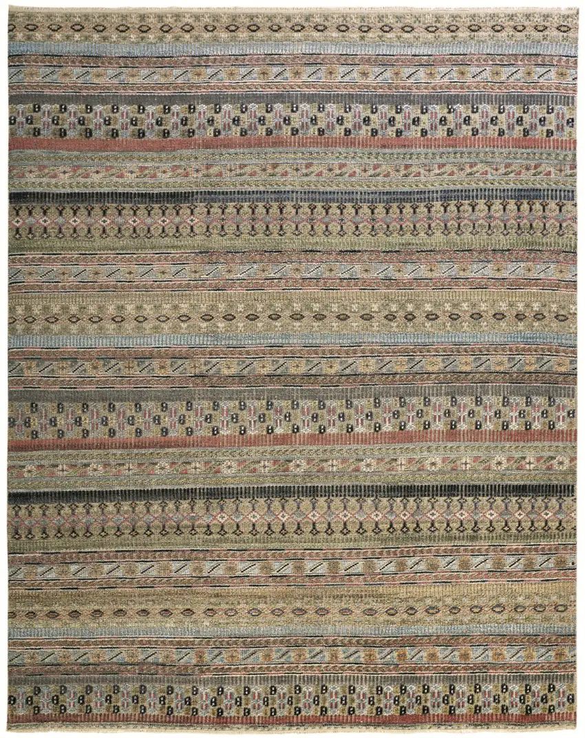 Tan Orange and Blue Striped Hand Knotted Area Rug Photo 2