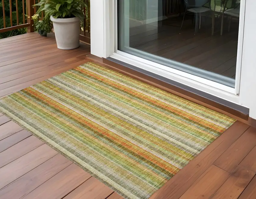 Tan Orange and Green Striped Washable Non Skid Indoor Outdoor Area Rug Photo 1