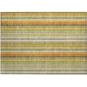 Photo of Tan Orange and Green Striped Washable Non Skid Indoor Outdoor Area Rug
