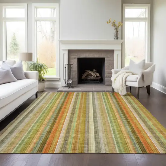 Tan Orange and Green Striped Washable Non Skid Indoor Outdoor Area Rug Photo 9