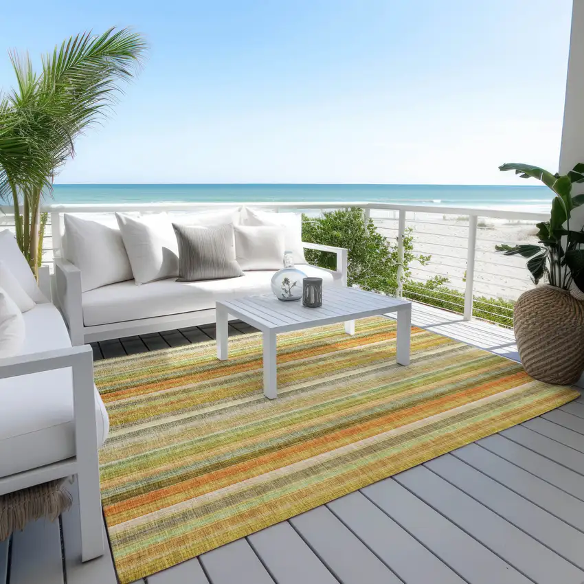 Tan Orange and Green Striped Washable Non Skid Indoor Outdoor Area Rug Photo 7