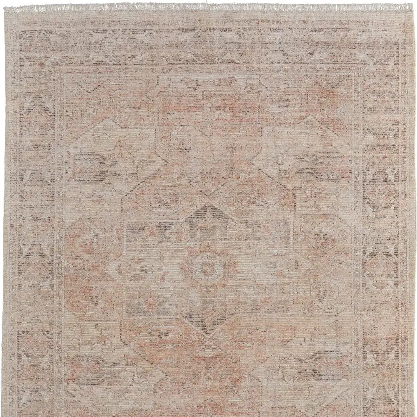 Tan Orange and Ivory Oriental Hand Woven Distressed Area Rug With Fringe Photo 5