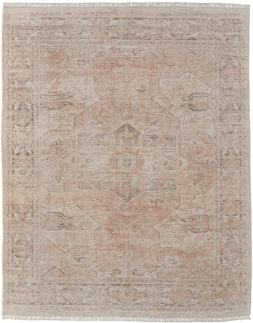 Tan Orange and Ivory Oriental Hand Woven Distressed Area Rug With Fringe Photo 5