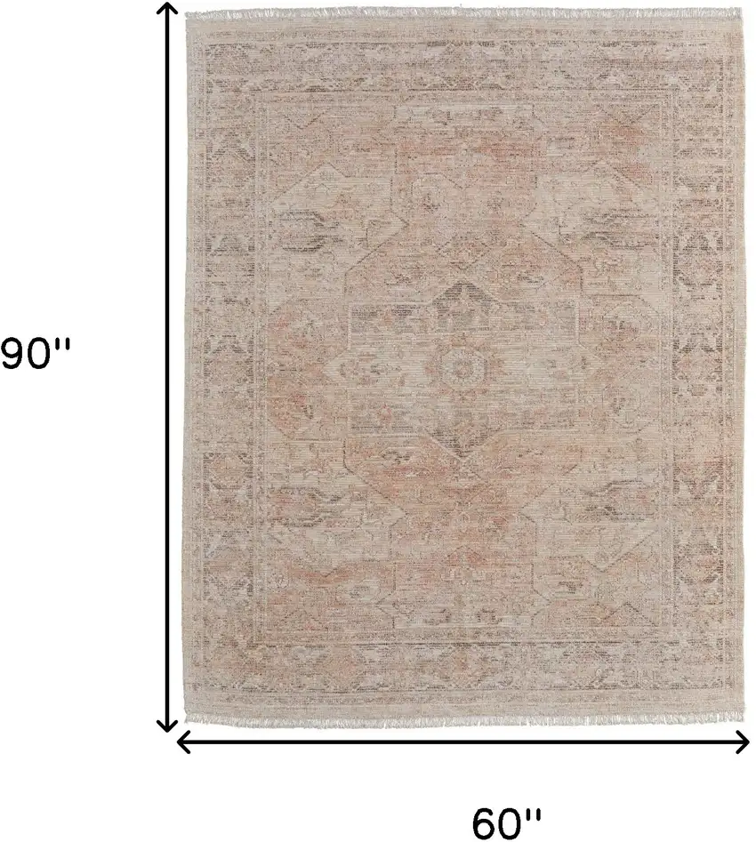 Tan Orange and Ivory Oriental Hand Woven Distressed Area Rug With Fringe Photo 3