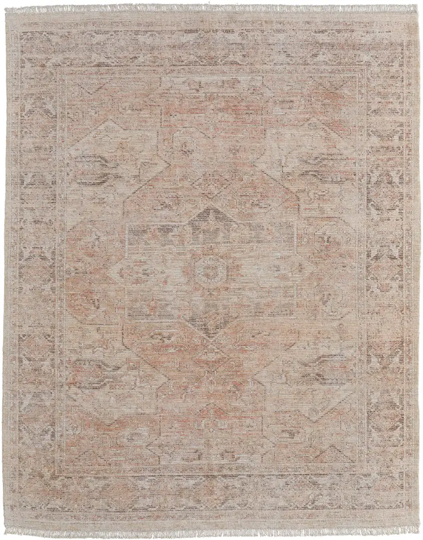 Tan Orange and Ivory Oriental Hand Woven Distressed Area Rug With Fringe Photo 2