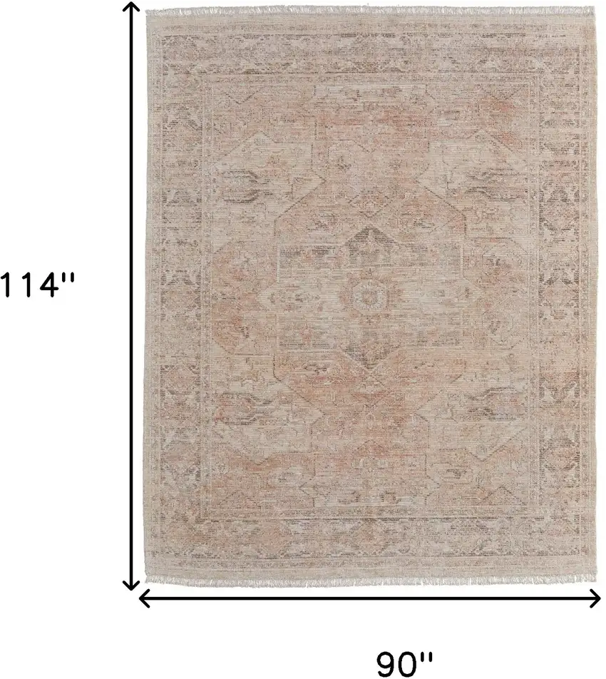 Tan Orange and Ivory Oriental Hand Woven Distressed Area Rug With Fringe Photo 3