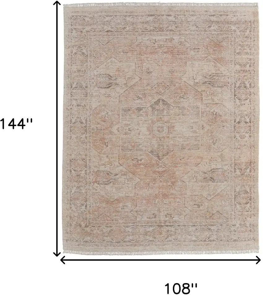 Tan Orange and Ivory Oriental Hand Woven Distressed Area Rug With Fringe Photo 3