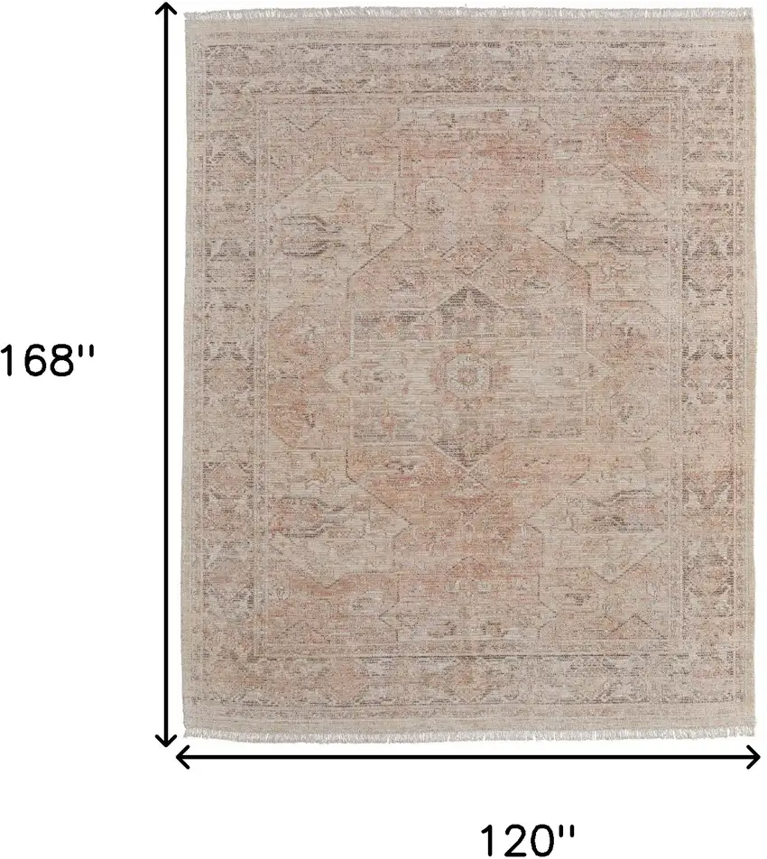 Tan Orange and Ivory Oriental Hand Woven Distressed Area Rug With Fringe Photo 3