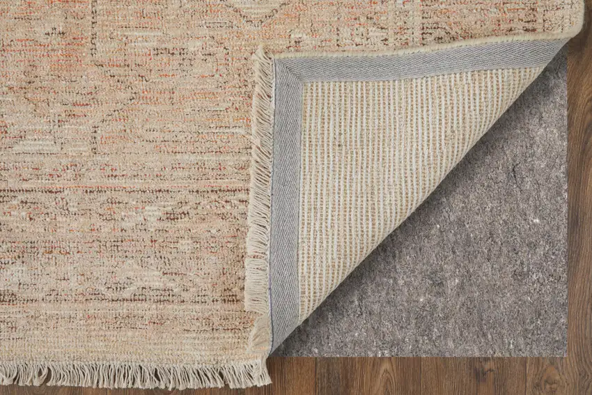 Tan Orange and Ivory Oriental Hand Woven Distressed Area Rug With Fringe Photo 9