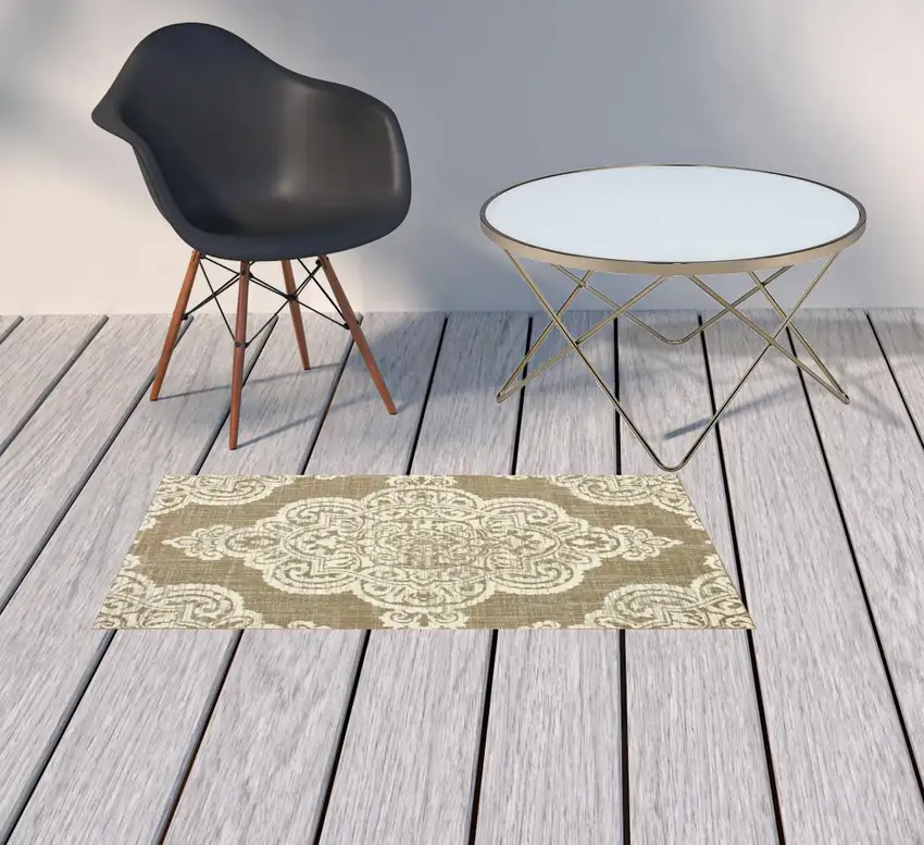 Tan Oriental Stain Resistant Indoor Outdoor Area Rug Photo 2