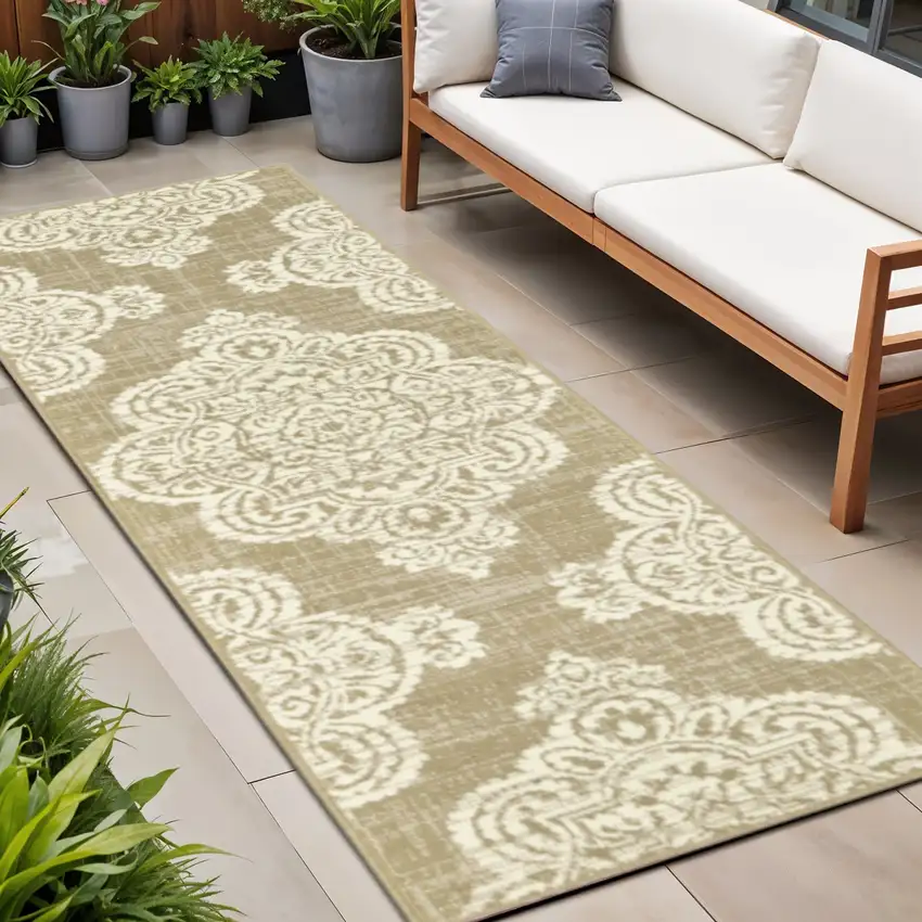 Tan Oriental Stain Resistant Indoor Outdoor Area Rug Photo 1