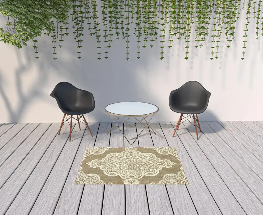 Tan Oriental Stain Resistant Indoor Outdoor Area Rug Photo 2