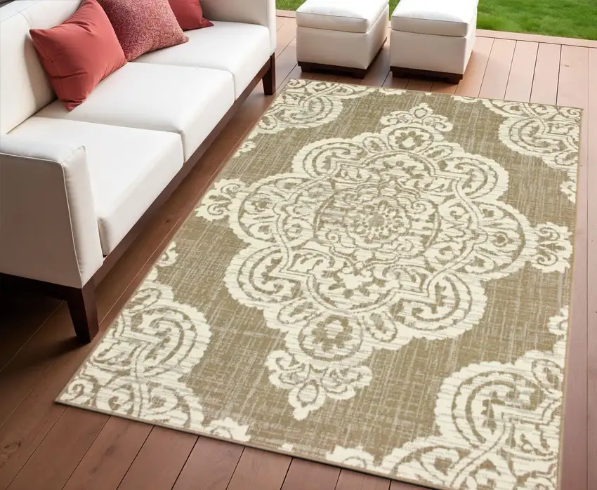 Tan Oriental Stain Resistant Indoor Outdoor Area Rug Photo 1