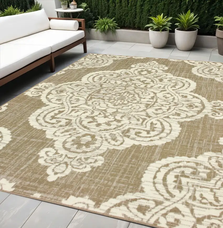 Tan Oriental Stain Resistant Indoor Outdoor Area Rug Photo 1