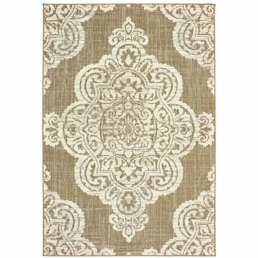Tan Oriental Stain Resistant Indoor Outdoor Area Rug Photo 1