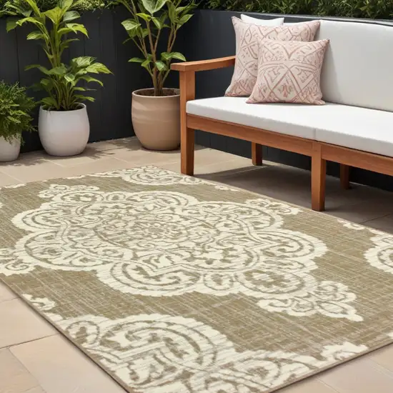 Tan Oriental Stain Resistant Indoor Outdoor Area Rug Photo 1