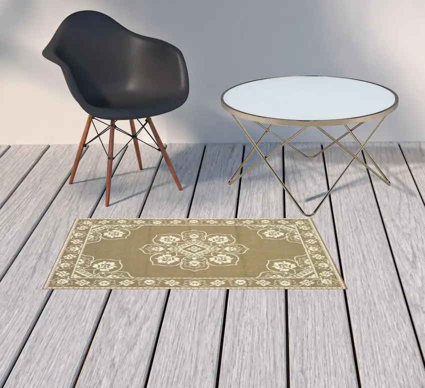 Tan Oriental Stain Resistant Indoor Outdoor Area Rug Photo 2
