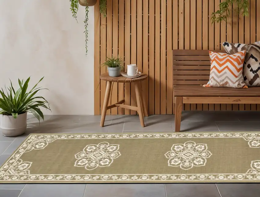 Tan Oriental Stain Resistant Indoor Outdoor Area Rug Photo 1